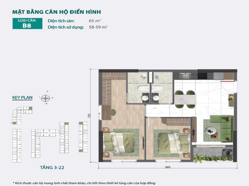 Mặt bằng căn hộ mẫu 2 phòng ngủ